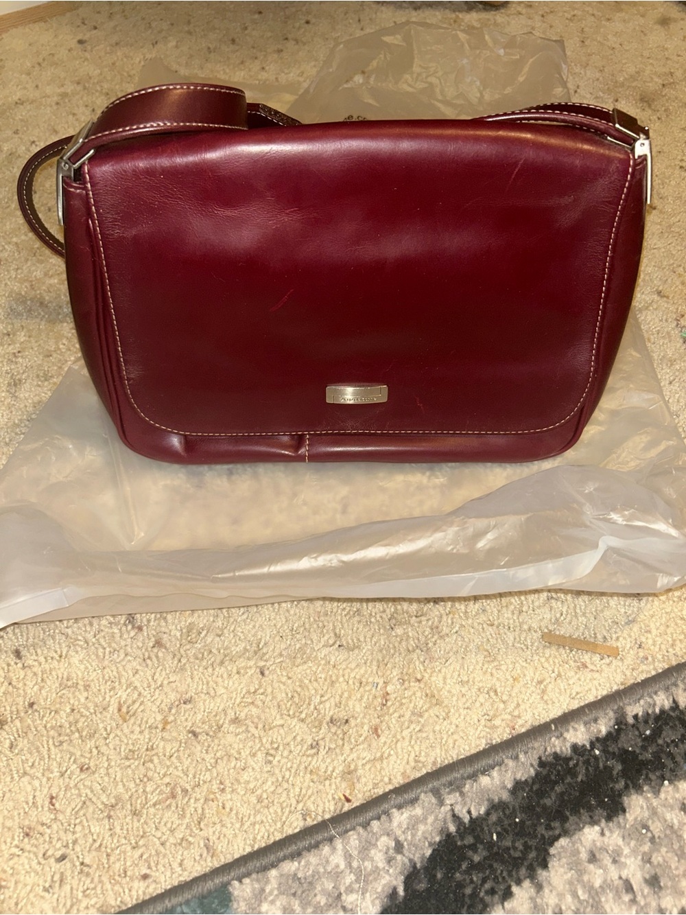 Liz Claiborne Wine Leather Shoulder Bag with Silver-Tone Plaque